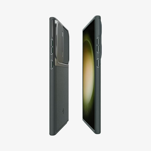ACS05639 - Galaxy S23 Ultra Case Optik Armor in black showing the back with lens protector slot open